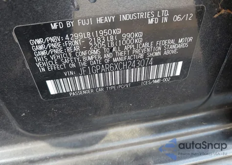 2012 Subaru Impreza 2.0I Sport Limited from USA, damaged, VIN JF1GPAR6XCH243074